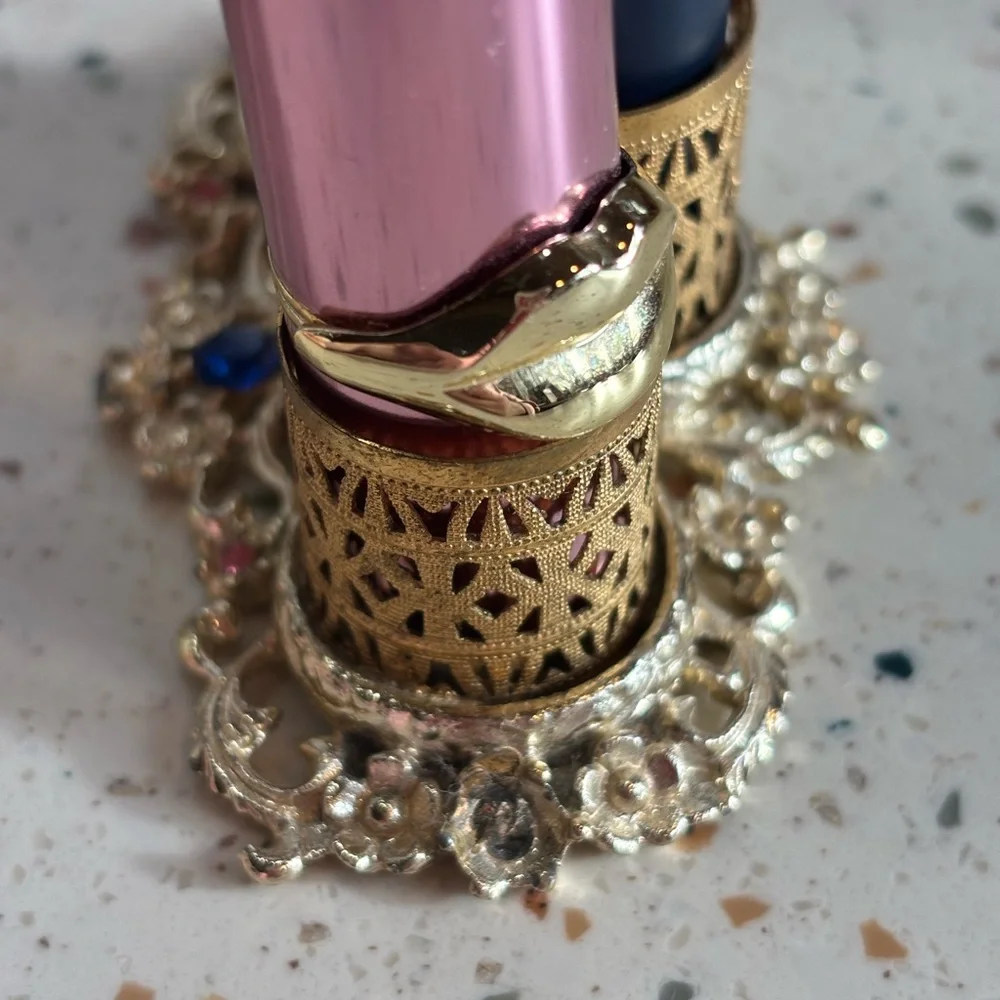 VTG Gold Lipstick Holder‎ Vanity Organizer w/ Rhinestones Filigree Triple Holder